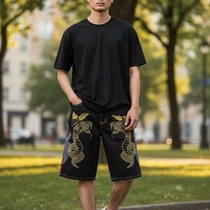 Game Time Black Denim Shorts with Gold Dragon Print